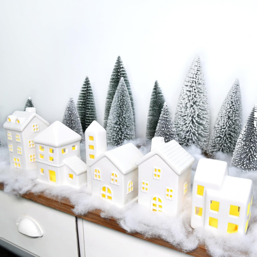 Regine Switzerland Ceramic Christmas Village Houses Set - 5 White Houses, 9 Trees & Fake Snow for Festive Home Decor