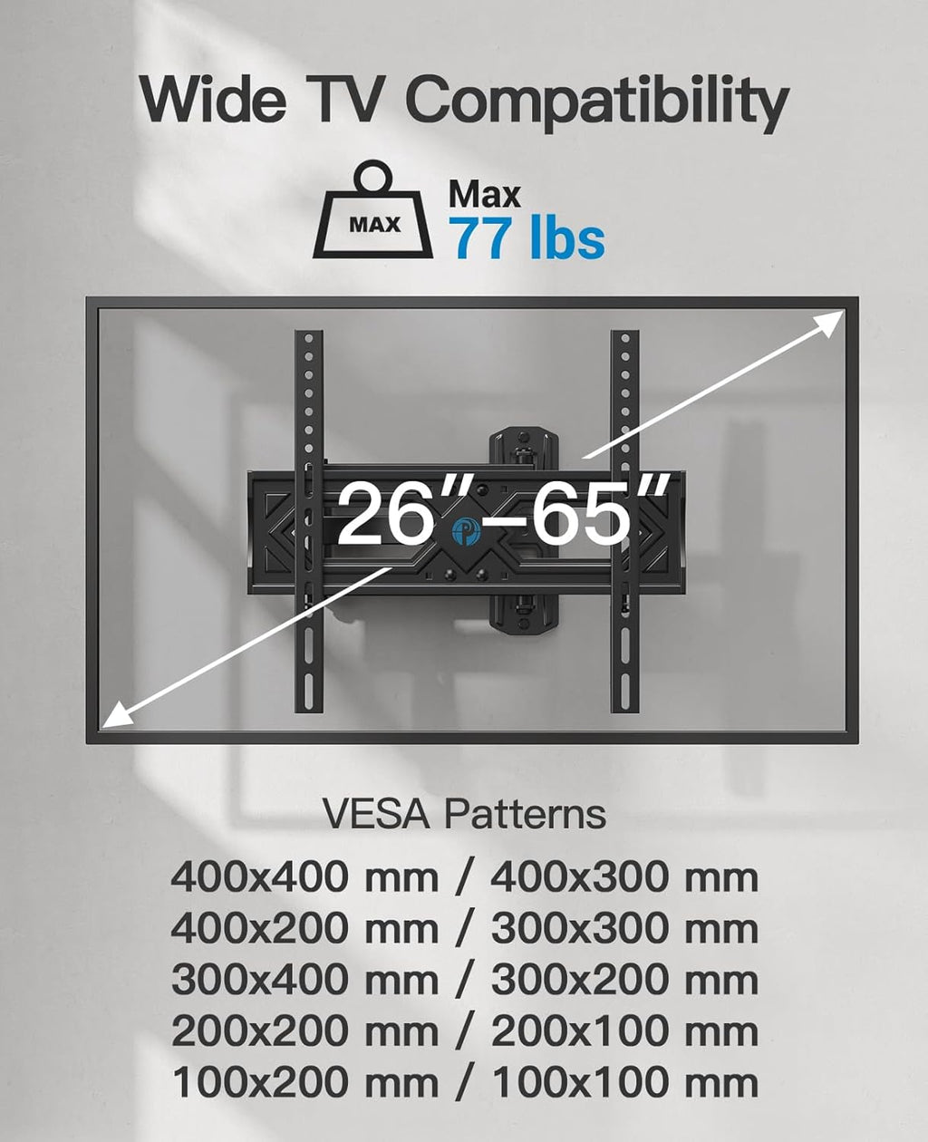 Pipishell Full Motion TV Wall Mount - Heavy Duty Articulating Arms for 26-65 Inch TVs | VESA 400x400mm, 77lbs Support