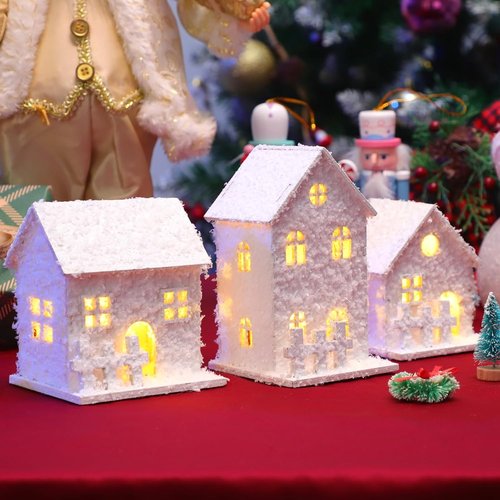 Cabilock Christmas Village Houses Set - 3PCS White Wood Snowflake Figurines with LED Lights | Holiday Tabletop Decor