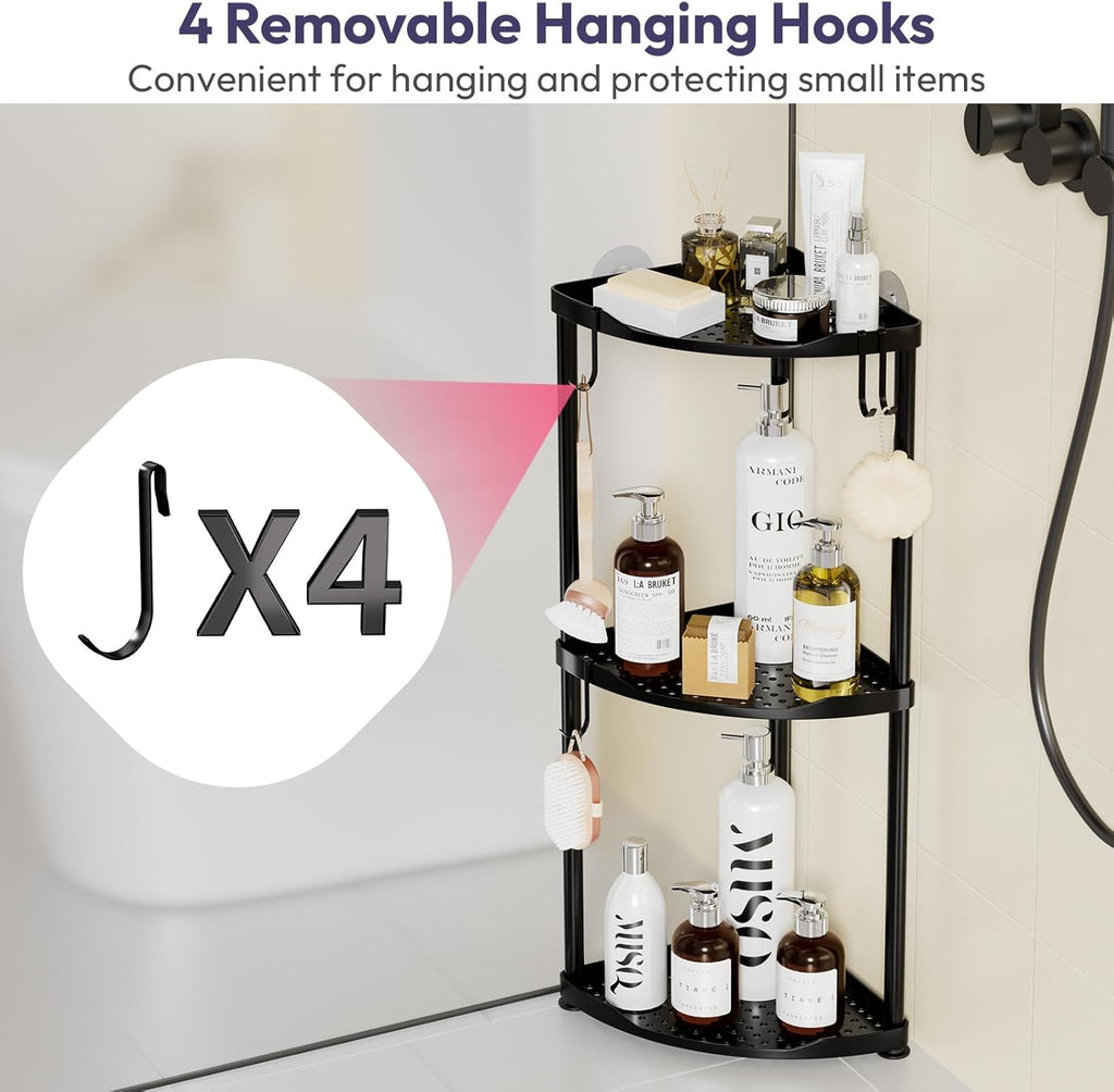 SWTYMIKI Corner Shower Caddy - 3-Tier Stainless Steel Organizer Stand with Hooks | Rustproof Bathroom Storage, Black