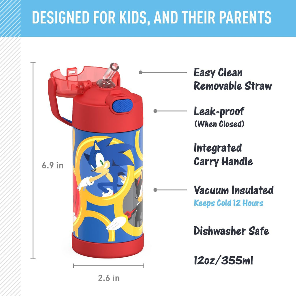 THERMOS FUNTAINER Water Bottle - 12 Ounce Kids Stainless Steel Vacuum Insulated with Straw | Sonic the Hedgehog