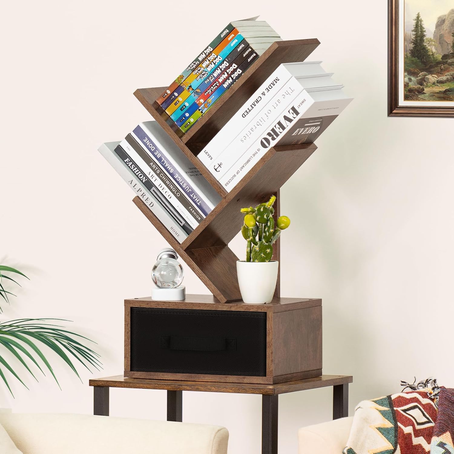 Simple Deluxe 4-Tier Tree Bookshelf with Drawers, Compact Corner Bookcase with Storage Cabinet & Open Shelves, Rustic Brown Small Space Storage Solution for Living Room/Study/Hallway