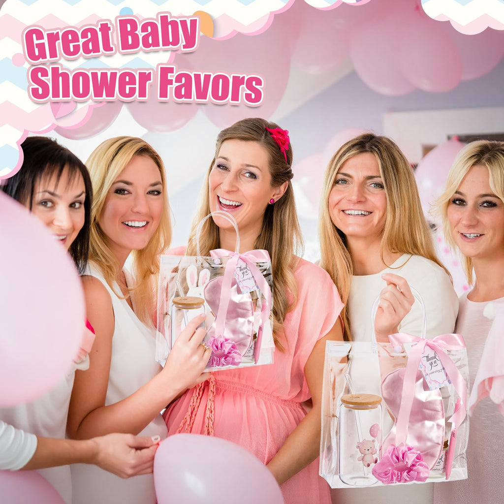 Reallnaive 43 Pcs Baby Shower Prizes for Player Winner Wedding Bridal Shower Favor Gifts Including Glass Cups Aromatherapy Candle Eye Mask Hair Band Greeting Card Pen Ribbon Gift Bag(Bear Style,Pink)