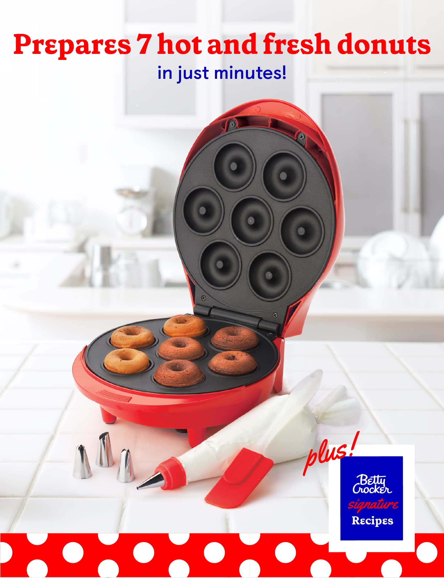 BETTY CROCKER Donut Maker, Mini Donut Maker with Nonstick Surface, Mini Donut Maker Machine with Cool Touch Handle & Makes 7 Delicious Fresh Donuts in Minutes, Red