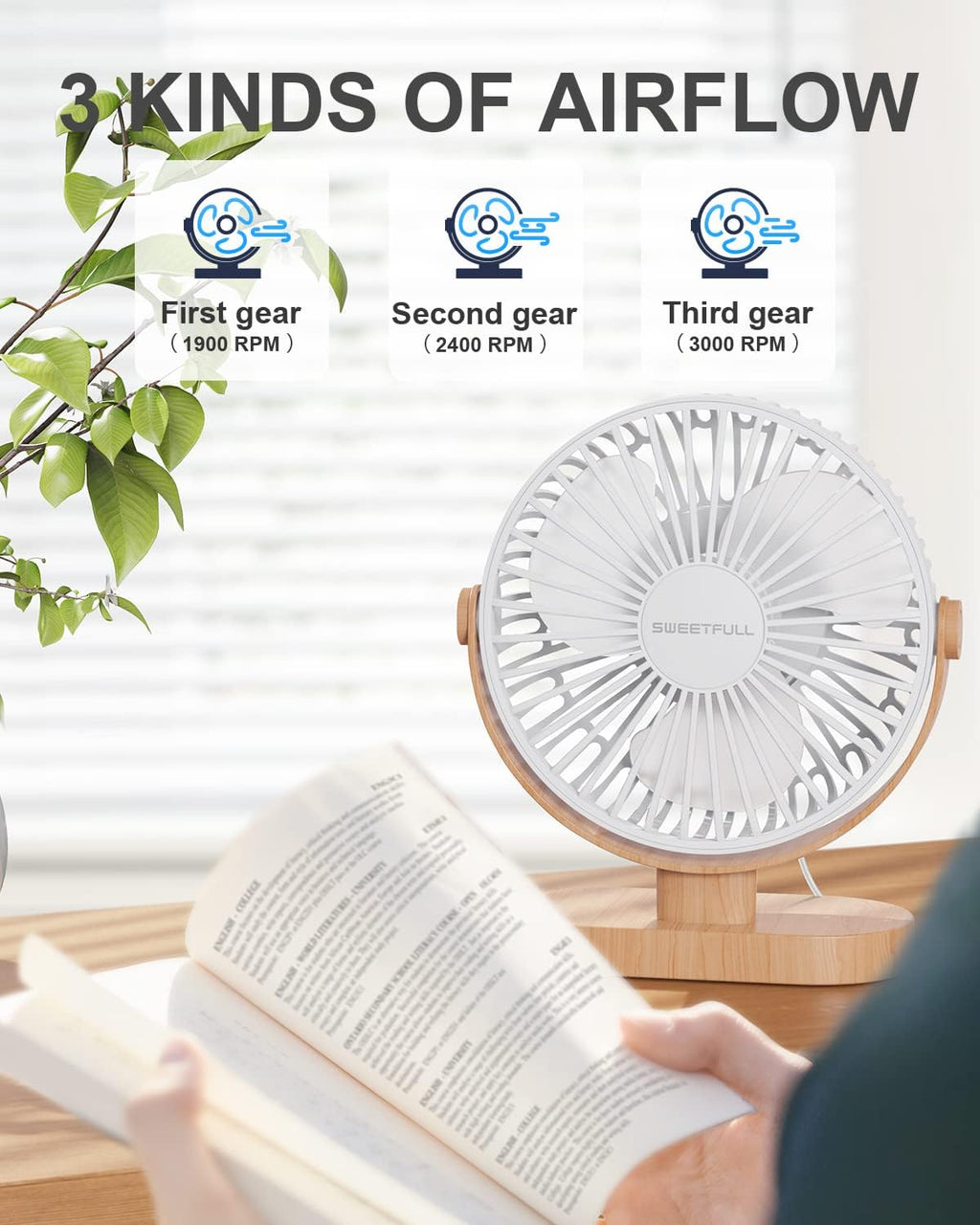 Sweetfull USB Desk Fan - 6.5 Inch Portable Mini Fan with 3 Speeds & 360° Adjustment | Quiet Operation, White Wood Grain