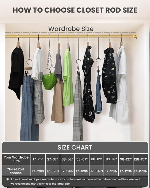 Supforce Closet Rods for Hanging Clothes, 17 to 54 Inches Stepless Adjustable Metal Closet Rod, 1.3 Inches Heavy Duty Clothes Hanging Rod for Closet Wardrobes Laundry RV, Golden