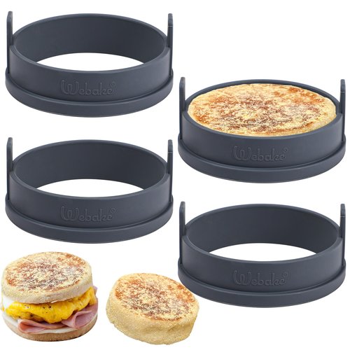 Webake 4 inch Silicone English Muffin Rings, Nonstick Standard Size Crumpet Ring, Egg Rings, BPA-Free, Set of 4