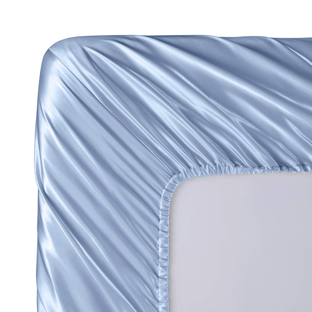 SiinvdaBZX 3-Piece Set Satin Twin XL Fitted Sheet & 2 Pillowcase, Baby Blue Silky Soft Fitted Bottom Sheet Twin Extra Long Bed Sheets, Wrinkle Free, Fade Resistant (Deep Up to 15")
