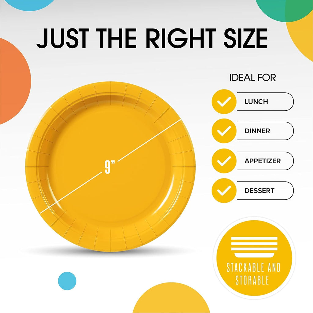 Skiennix Heavy-Duty Yellow Paper Plates - 9 Inch Disposable Party Plates | 100 Pcs, 350 GSM Quality