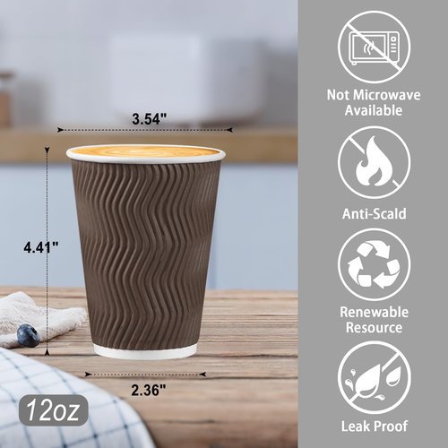 BYSNOW 500 Pack 12 oz Coffee Cups, Disposable Insulated Corrugated Ripple Wall Paper Coffee Cups, Hot Cold Drinking Cups for Office, Home, Party, Cafe, Travel (Brown)