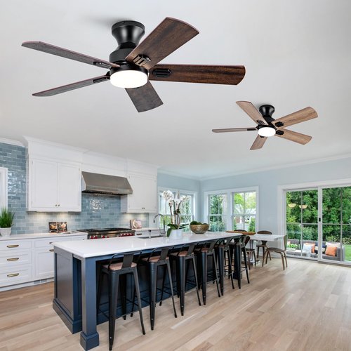 KENSID 42 Inch Black Ceiling fans with lights and Remote,Low Profile Flush Mount Modern Ceiling Fan with Light, 5 blades,Dimmable LED Light,Wall Switch,Indoor Outdoor Ceiling Fan for Bedroom