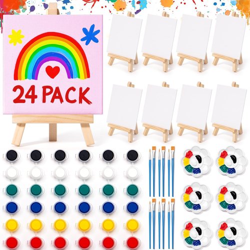 Asoulin 24 Set Mini Acrylic Paint Kit with Canvas, Wooden Easel, Brushes, Palette, Painting Kits for Kids Girls Boys, Art Set Gifts for Classroom Prizes Birthday Party Favors Easter Basket Stuffers