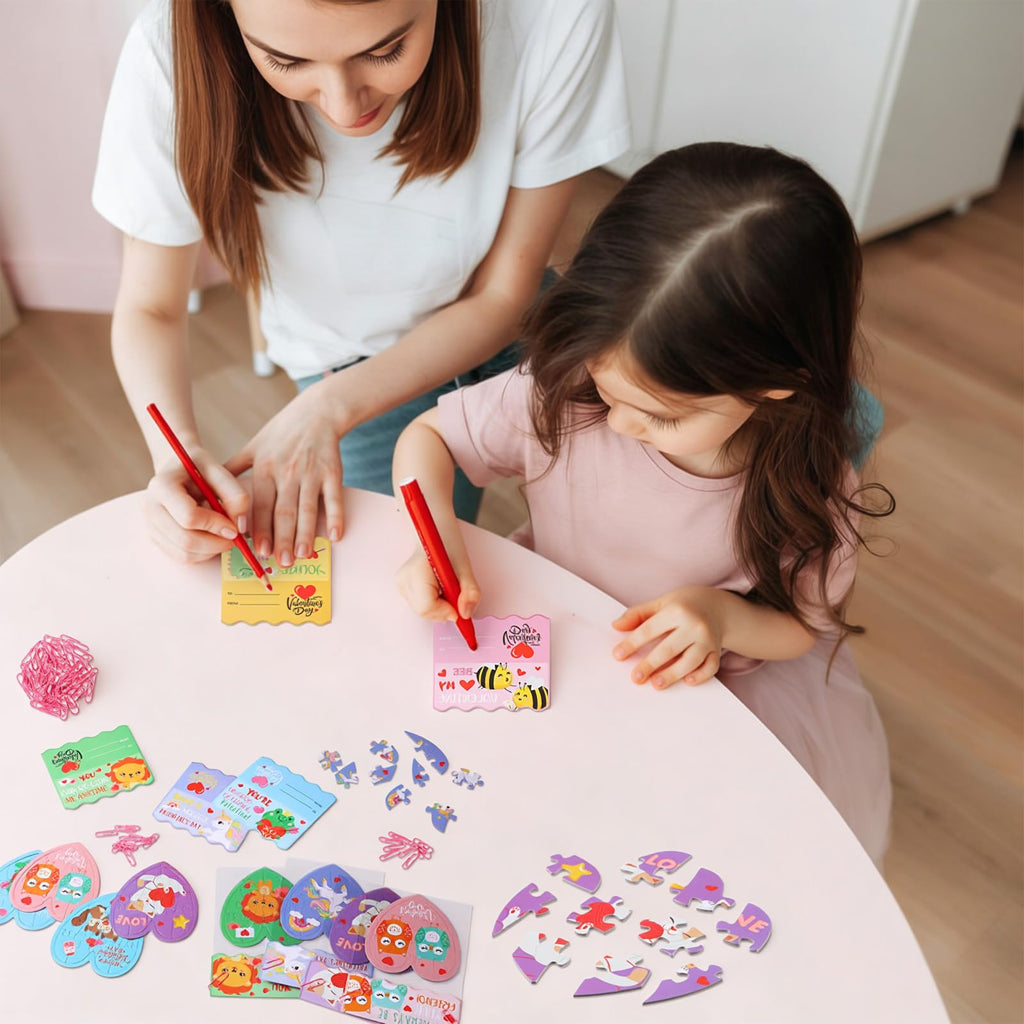 Seenelling 36 Sets Valentines Gifts for Kids Classroom Exchange, Animal Heart Puzzles with Cards, Clear Gift Bags & Clip, Cute Classroom Bulk Valentine Party Favors for Boys Girls School Gift Exchange