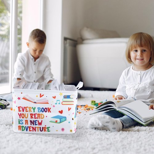 Domensi 4 Pcs Back to School Collapsible Book Bins Reading Book Basket 15.7 x 11.8 x 11.8 Inches Cartoon Kids Books Bin Storage for Classroom Library Nursery Room Rectangle Storage Bin Bedroom Toy