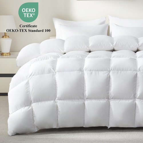 Ubauba Goose Feather Down Fiber Comforter Queen Size - All Season White Fluffy Duvet Insert - Luxurious Hotel Bedding Comforter - Ultra Soft 100% Cotton Cover, Medium Warmth (90x90 Inch)