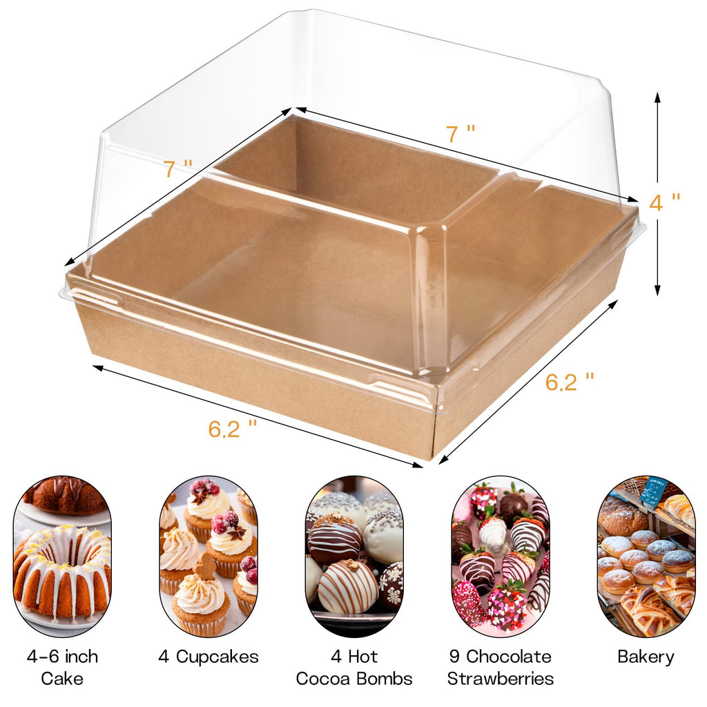 ZORRITA 7 x 7 x 4 Inches Paper Cake Boxes with Clear Lids, 40 Pack Disposable Charcuterie Boxes Square Food Containers for 4-6 Inch Cake, Dessert, Pie, Cupcake, Bakery (Brown)