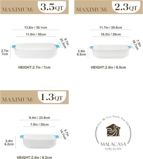 MALACASA Casserole Dishes Set - Ceramic Baking Pans with Handles | 3-Piece Rectangular Bakeware Set, White with Blue Trim (13.8''/11.7''/9.4'')