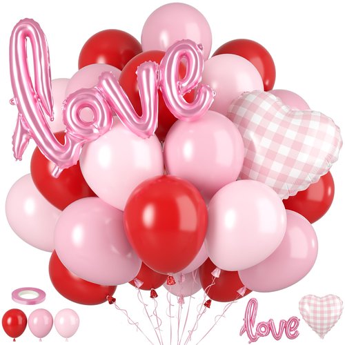 Red Pink Balloons, 50pcs Red And Pink Balloons With Love Checkered Heart Foil Balloon For Valentine's Day Birthday Baby Shower Party Wedding Engagement Bridal Shower Anniversary Decorations Supplies