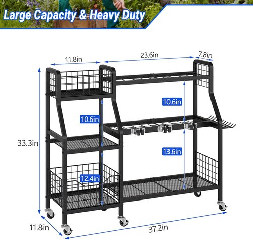 Keomaisyto Garden Tool Organizer - Heavy Duty Metal Storage with 6 Wheels & 2 Baskets | Perfect for Garage, Shed, or Yard