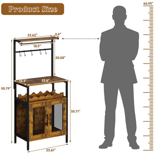 X-cosrack Bar Cabinet for Liquor and Glasses, Wine Rack Freestanding Floor for Small Space, 3-Tiers Storage Shelves, Industrial Coffee Bar with S Hooks, Small Buffet Sideboard Cabinet for Home
