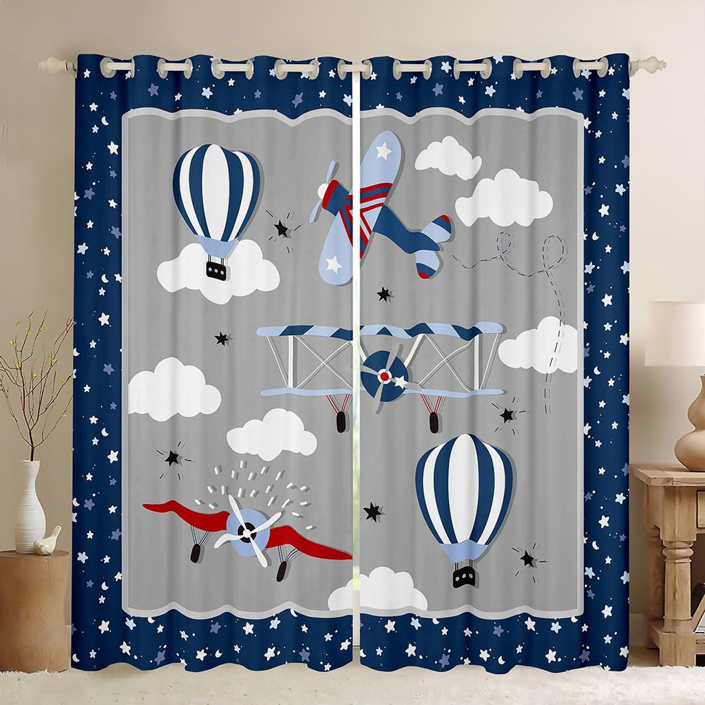 Kids Cartoon Airplane Window Curtain Navy Stripes Hot Air Balloon Aircraft Curtains Boys Teens Room Decor Cloud Starry Moon Blackout Window Treatment Chic Grey Window Drapes,Top 2 Panel,42Wx84L