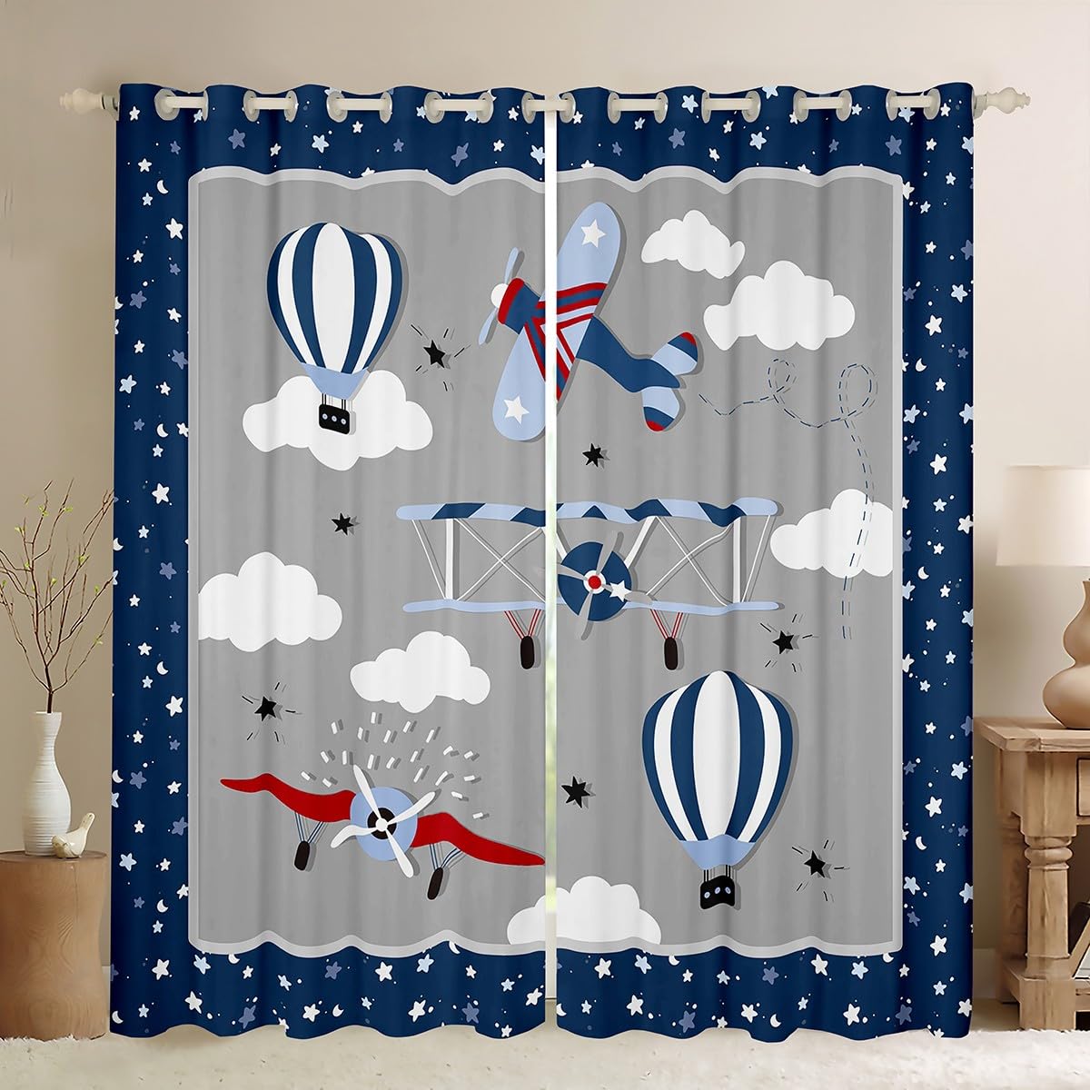 Kids Cartoon Airplane Window Curtain Navy Stripes Hot Air Balloon Aircraft Curtains Boys Teens Room Decor Cloud Starry Moon Blackout Window Treatment Chic Grey Window Drapes,Top 2 Panel,42Wx84L