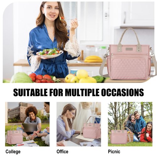EASYA Large Women Lunch Bags for Work/Insulated Adult Lunch Box for Women/Durable Nylon Thermal Lunchbox for Womens/Leakproof Cooler Tote Bag with Storage Pocket (Shimmering blush pink Cotton Strap)