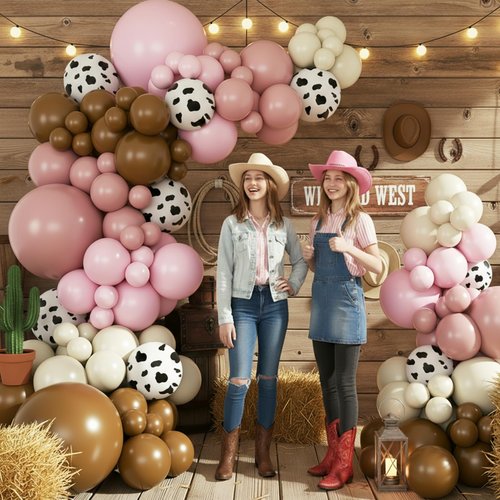 JOYFLOAT Cowgirl Dusty Pink Cow Balloon Garland Arch Kit, Light Pink Brown Sand White Balloons for Cowgirl Baby Shower Birthday Western Theme Party Decoration