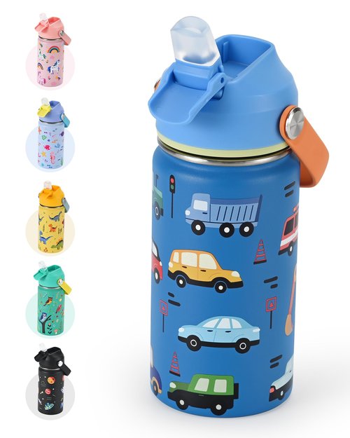 Kids Water Bottle 14oz with Silicone Straw Lid - Insulated Toddler Water Bottle Stainless Steel Keeps Cold 24H, Leak Proof & Cars Trucks Prints Design | Custom Name Tag for School, Daycare, Travel