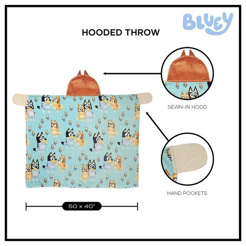 Bluey Hooded Throw Blanket, Soft Silk Touch Poncho Cape, Plush Blanket with Character Hood, Cozy and Lightweight, 40x50 inches