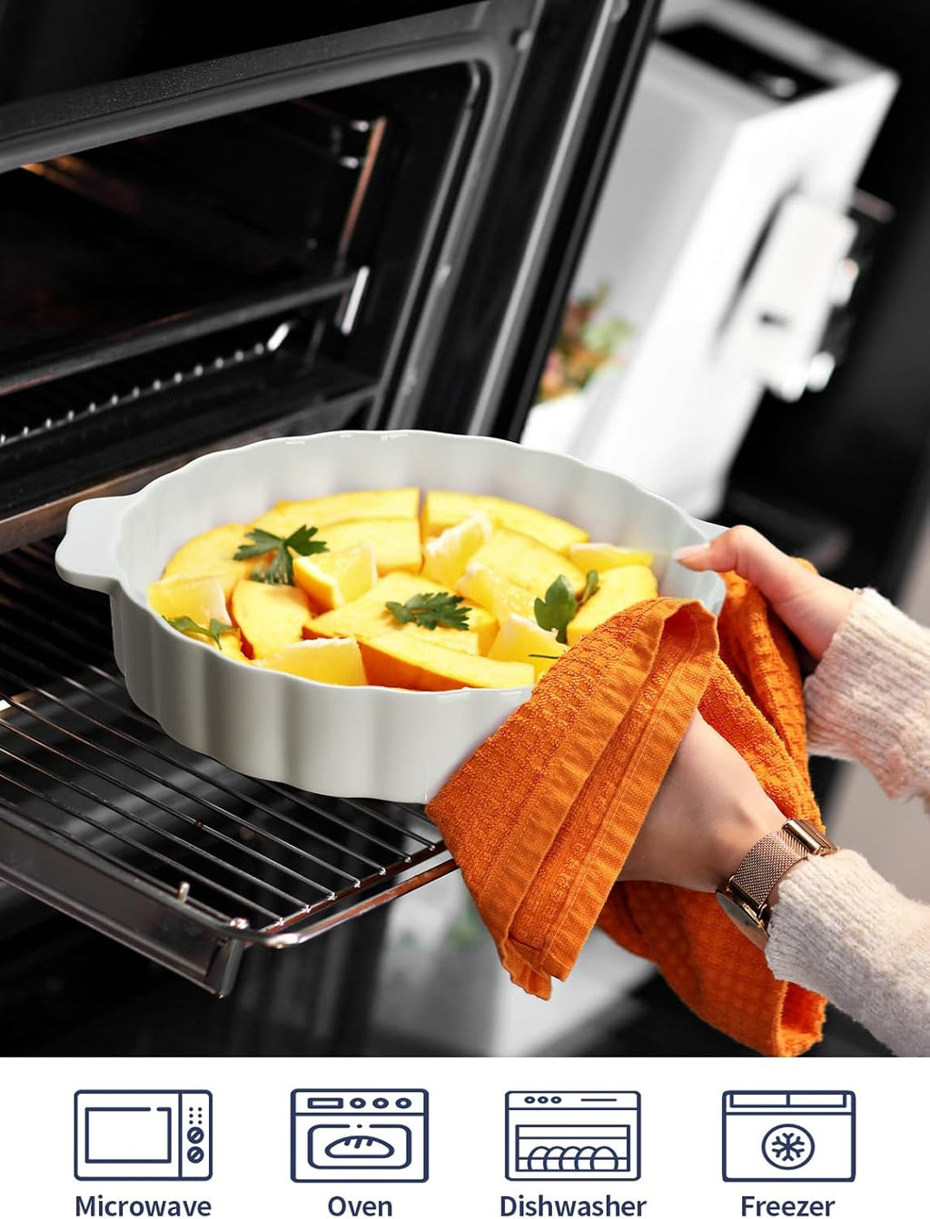 Samsle Ceramic Pie Pan - 13-Inch Round Baking Dish with Double Handles | Ruffled Edge, Oven Safe
