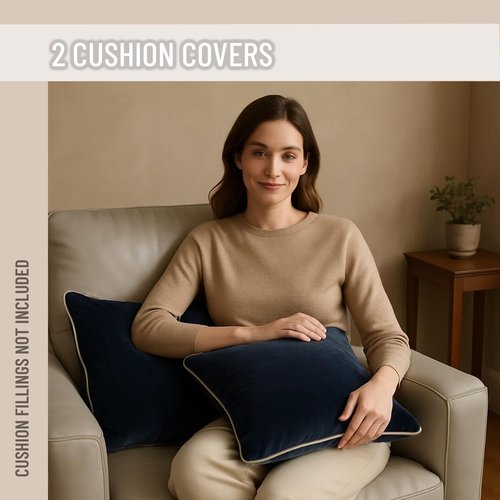 Blau Marité 2 Pack Velvet Decorative Throw Pillow Covers, 20"x20", Navy Blue and Grey, Solid, Modern, Contrast Piping, Indoor Use, Bedroom & Living Room