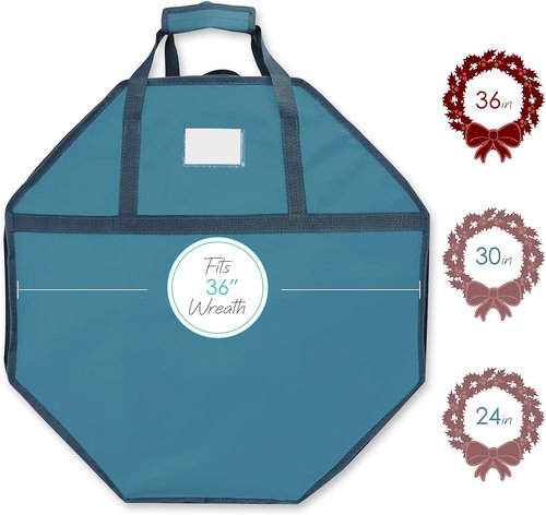 Hearth & Harbor Christmas Bag - Premium Hard Shell Wreath Storage Organizer with Dual Zipper & Pockets - 36" Blue