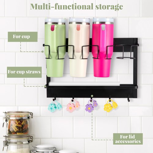 CINPIUK Water Bottle Organizer Holder, Magnetic Cup Rack Storage for Stanley & Large Tumbler, Space Saving Wall Mount Bottle Organizer with 5 Hook, Easy to Install, Black