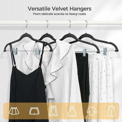HOUSE DAY Velvet Hangers - Non-Slip Adjustable Clips 20 Pack | Heavy-Duty 360° Hook for All Clothing (Black)
