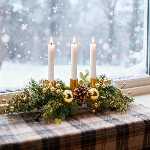 MrMrKura Christmas Tabletop Centerpiece - 3 Candle Holders with Pine Cones & Red Berries | Gold Decor