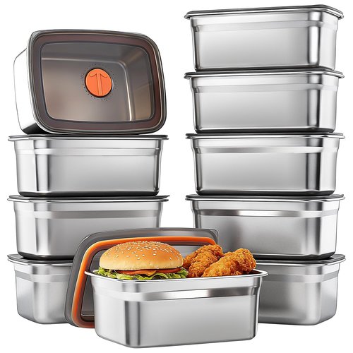 ACTUKSX 10 Pack Stainless Steel Food Storage Containers with Airtight Lids, 50 Oz Each - Stackable, Leakproof Kitchen/Freezer Meal Prep Containers (Dishwasher Safe)