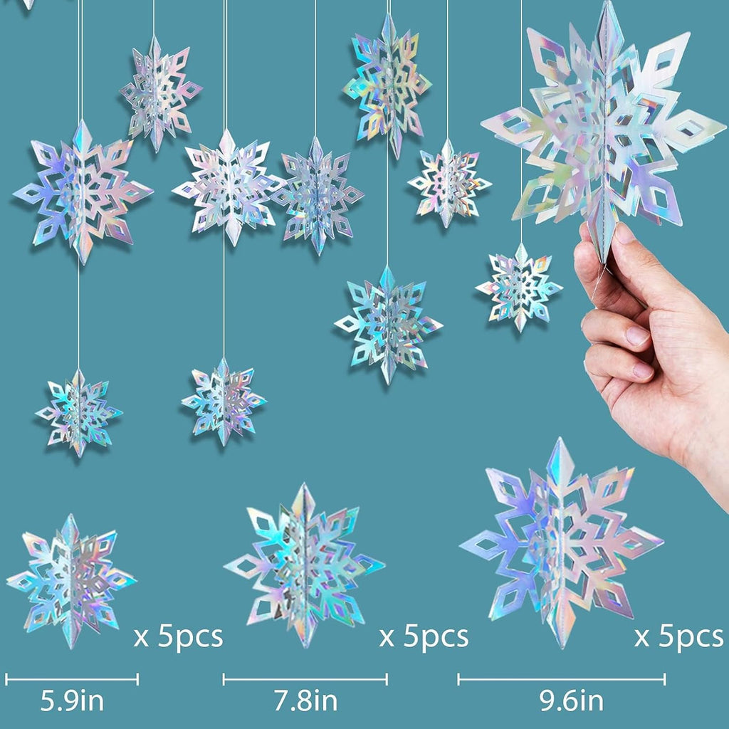 OuMuaMua Christmas Snowflake Decorations - 15pcs 3D Iridescent Laser Paper Snowflakes for Holiday Decor