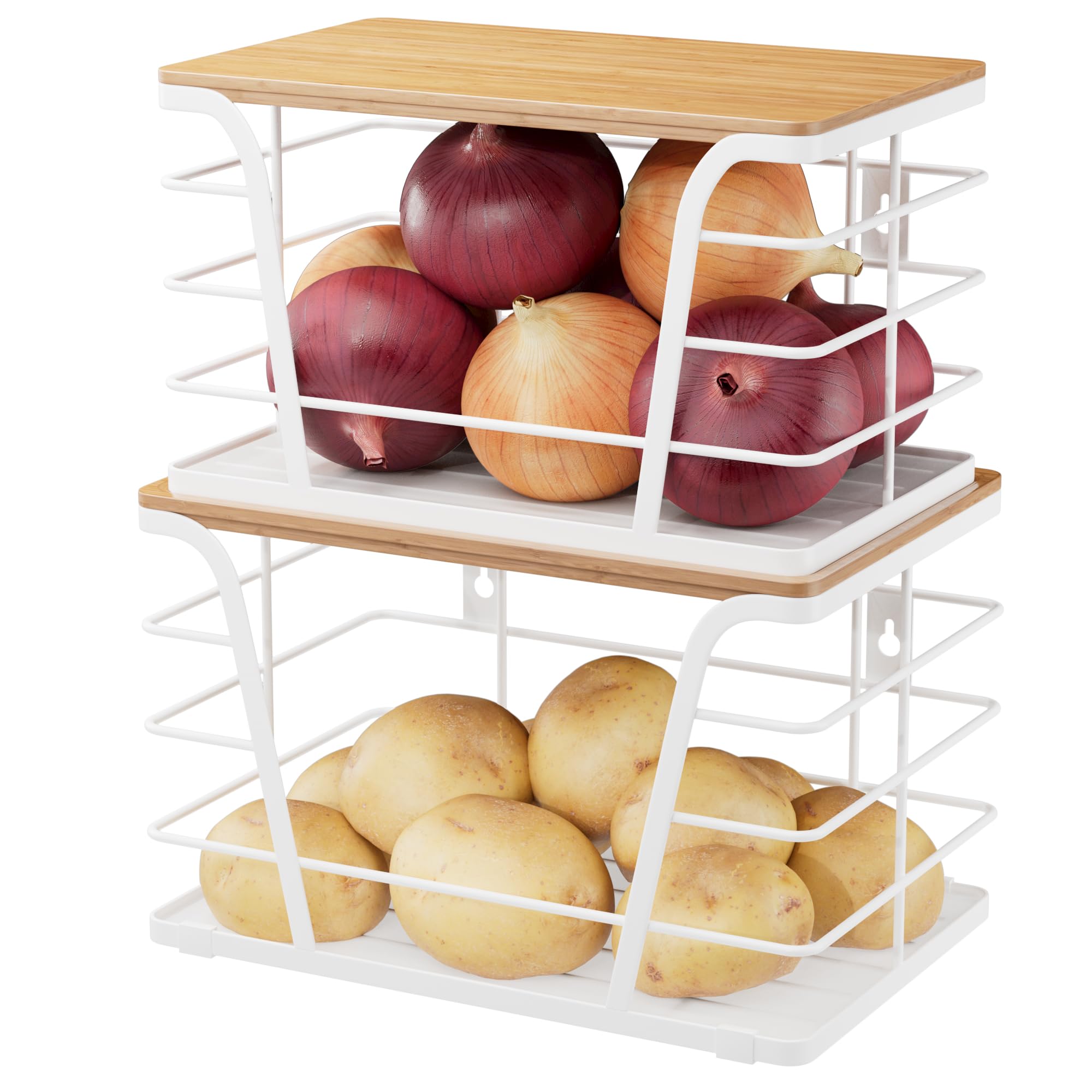 TIDIIABODE 2 Pack Kitchen Organization for Onions,Potatoes - Fruit Basket for Kitchen Counter & Storage Basket,Stackable Storage Bins with Bamboo Top & Lightweight PP Mat,White