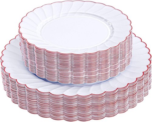 YOUBET 60PCS Red Scalloped Plastic Plates - Heavy Duty White and Red Rim Disposable Plates include 30 Hard Dinner Plate, 30 Dessert Plate for Party & Wedding Easter Mothers Day