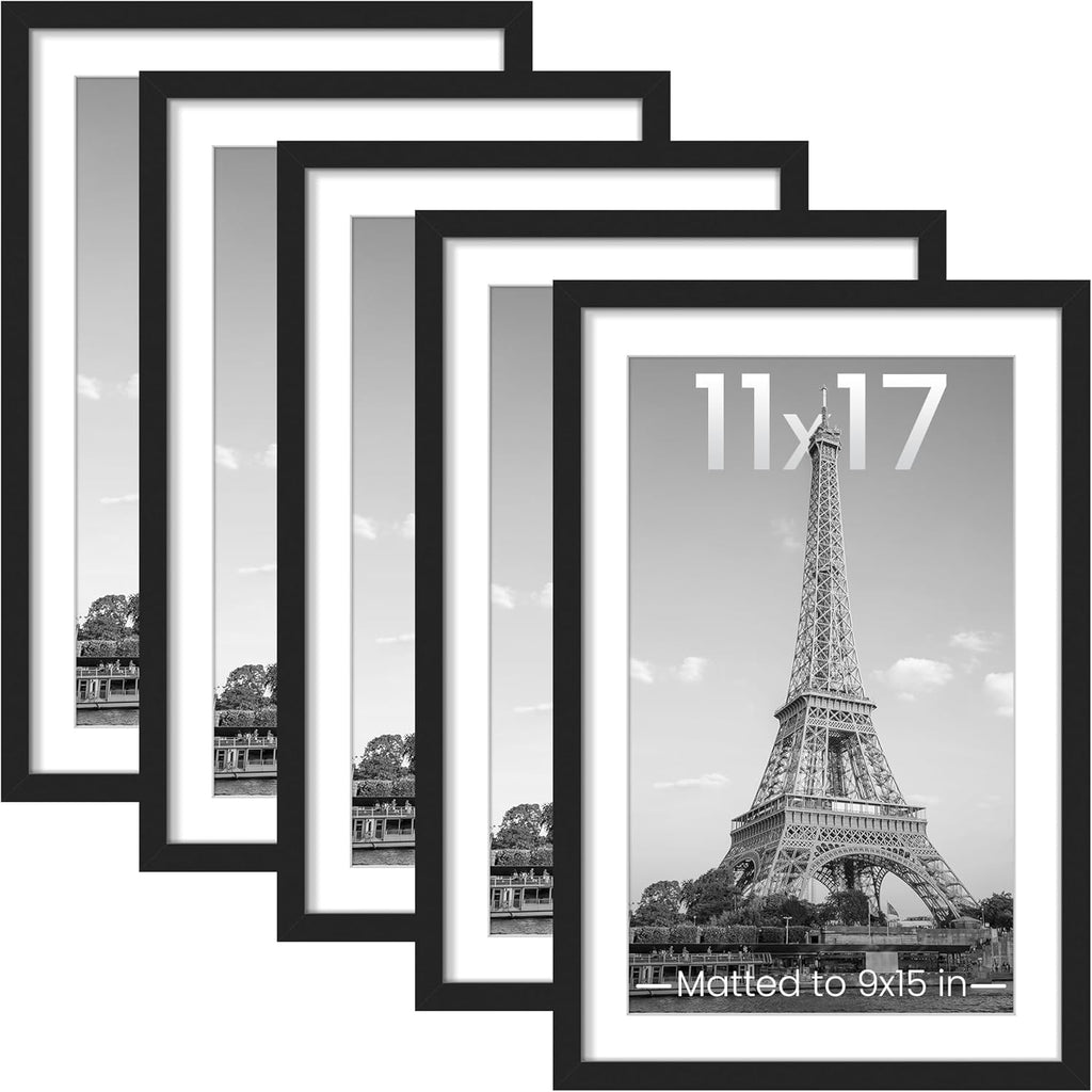 Upsimples 11x17 Picture Frame Set of 5 - Versatile Wall Gallery Frames for 9x15 or 11x17 Photos | Black