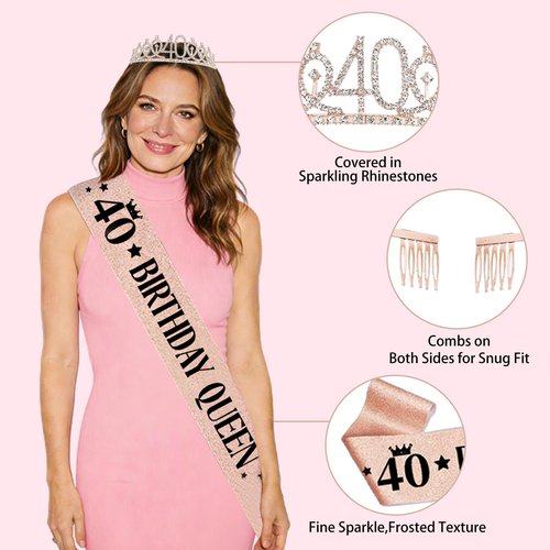 Yesiyeik 40th Birthday Decorations for Women, 40 Year Old Black Rose Gold Vintage AWESOME SINCE 1986 Birthday Banner Backdrop, 32inch 40 Balloons Crown Sash Cake Topper Birthday Party Supplies for Her