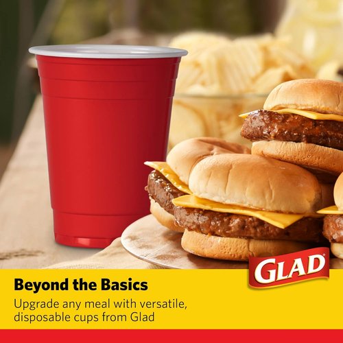 Glad Everyday Disposable Plastic Cups - Strong Red Party Cups for All Occasions - 16oz, 100 Pack Heavy Duty