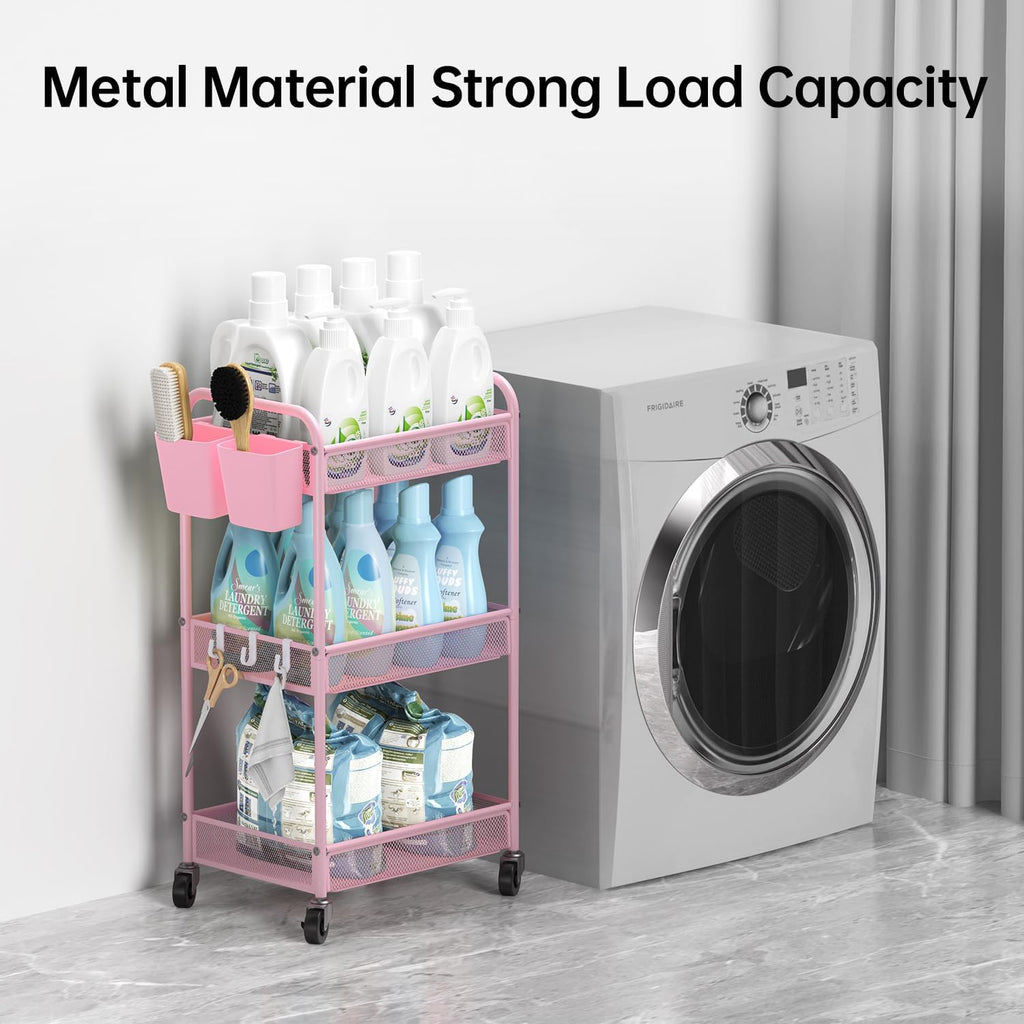 YASONIC 3-Tier Rolling Cart - Metal Utility Storage with Wheels, Craft Organizer, Pink