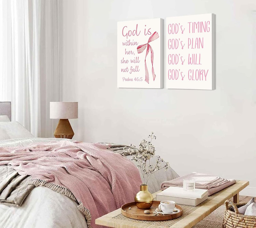 Coquette Pink Bow Canvas Wall Art - Inspirational Bible Verses for Girls' Room Decor | 12"x16" Framed Print