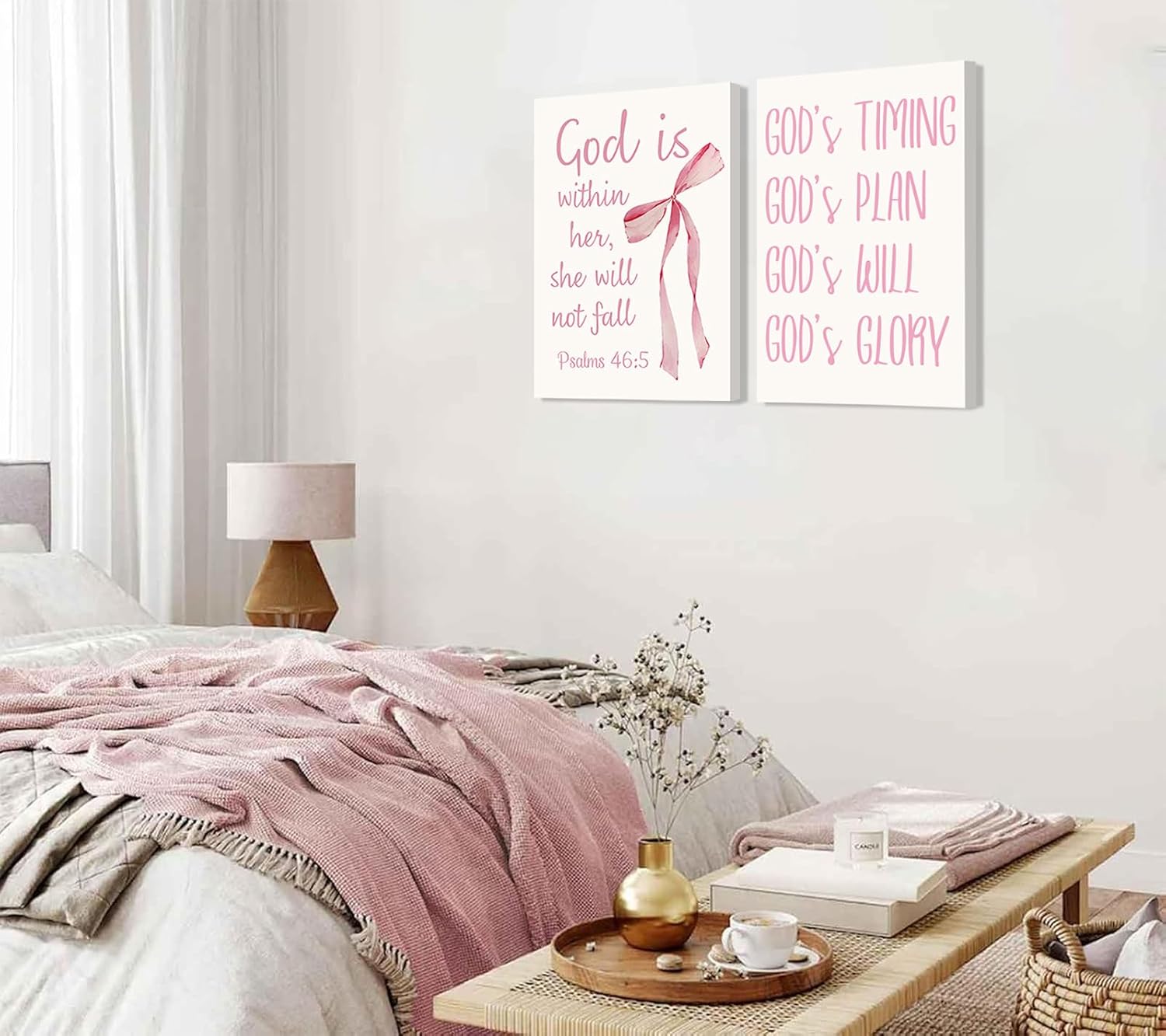 Coquette Pink Bow Canvas Wall Art - Inspirational Bible Verses for Girls' Room Decor | 12"x16" Framed Print