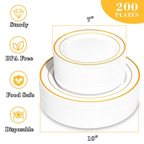 Pryntono 200PCS Gold Plastic Plates, Disposable Party Plates with Gold Rim, Include 100 Dinner Plate and 100 Elegant Dessert Plate for Party and Wedding