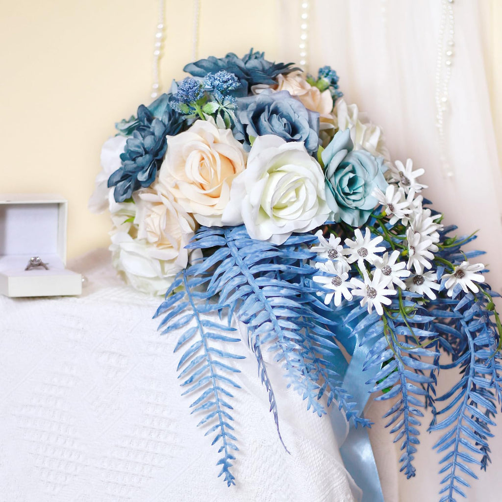 Dusty Blue Rose Bouquets for Bride Wedding White Navy Blue Champagne Cascading Bridal Bouquet Artificial Silk Flower Boho Rustic Ceremony Anniversary Decor Summer Fall Winter Wedding Toss Bouquet