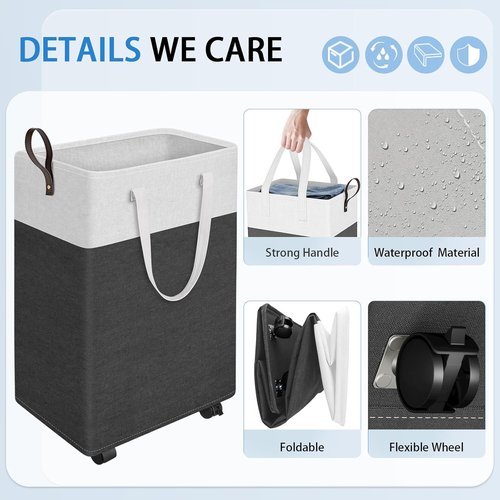 HomeHacks 75L Waterproof Rolling Laundry Hamper - Collapsible Basket with 4 Wheels for Easy Transport | Gray