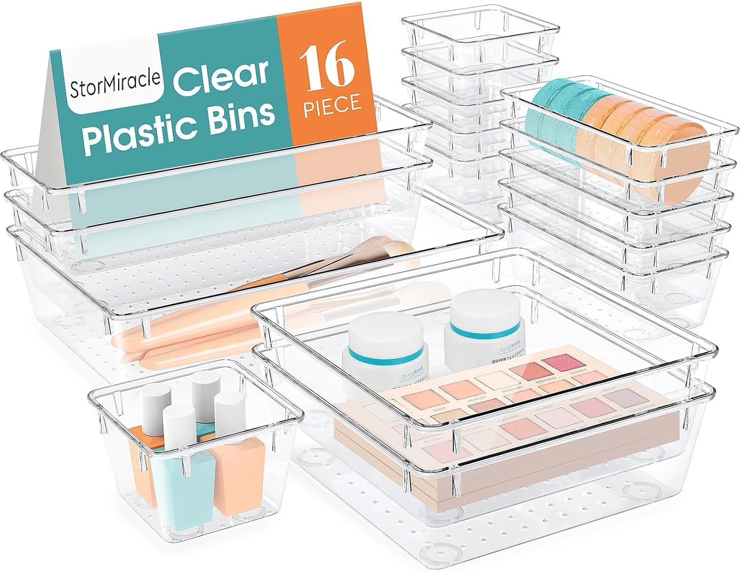 StorMiracle 16 PCS Drawer Organizer Set - Versatile Clear Storage Bins for Bathroom & Kitchen | Makeup, Jewelry, Utensils